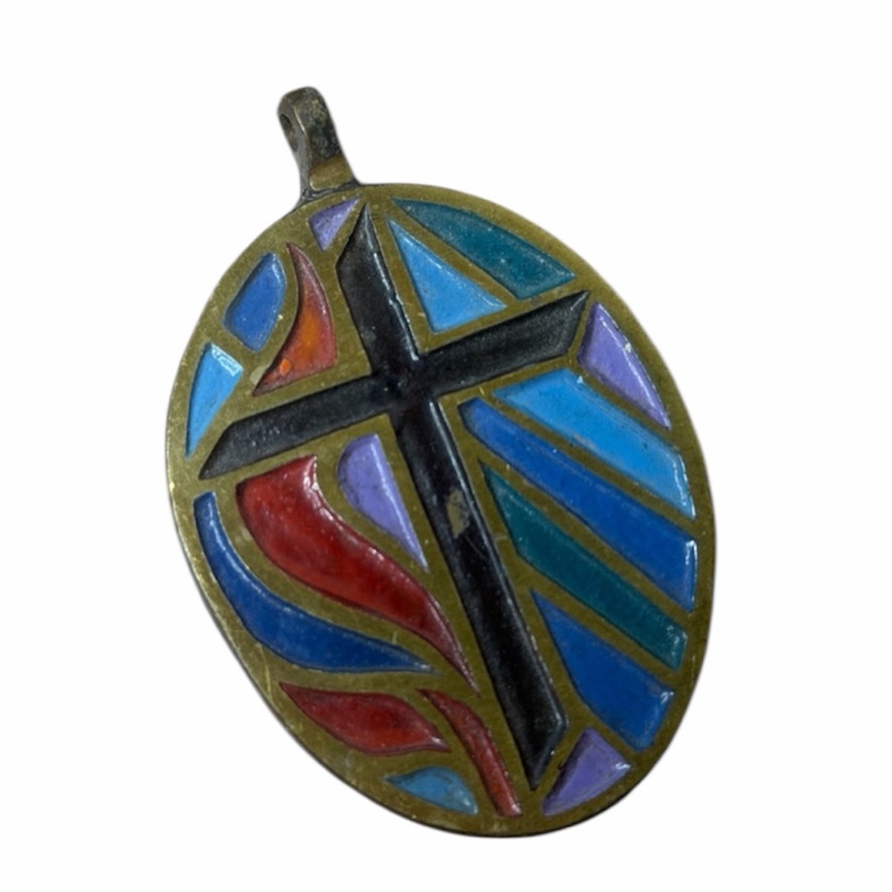 Vintage Signed Enamel Cross Pendant Israel Stamped 1969‎ 60s Stained Glass Brass